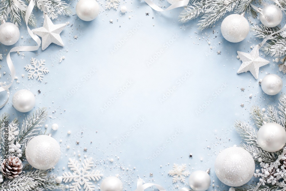 Obraz premium New Year themed flat lay showing white festive ornaments on a subtle pastel blue surface with copy space