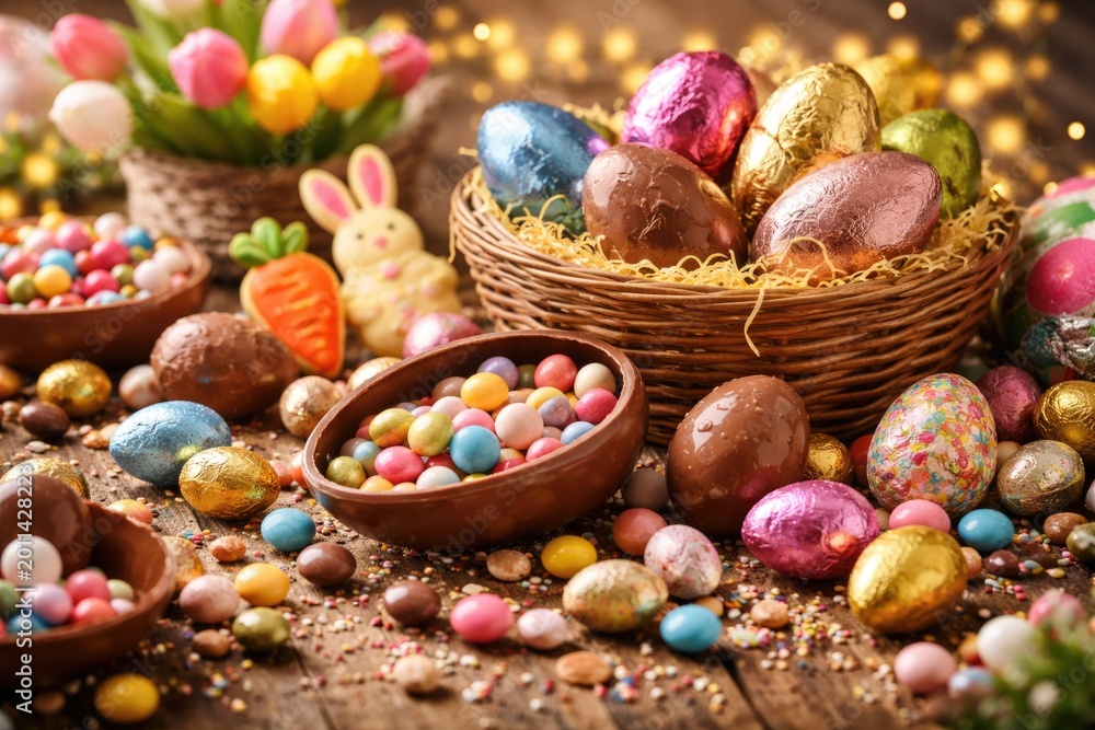 Naklejka premium Delightful Easter celebration with mixed chocolate eggs and festive sweets