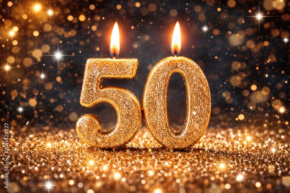 Obraz premium Glittering number 50 candle glowing on a sparkling starry background for celebration