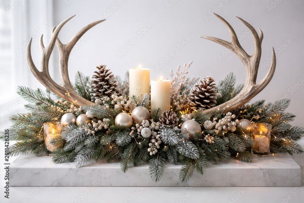 Obraz premium Winter holiday antler arrangements featured on a clean solid platform