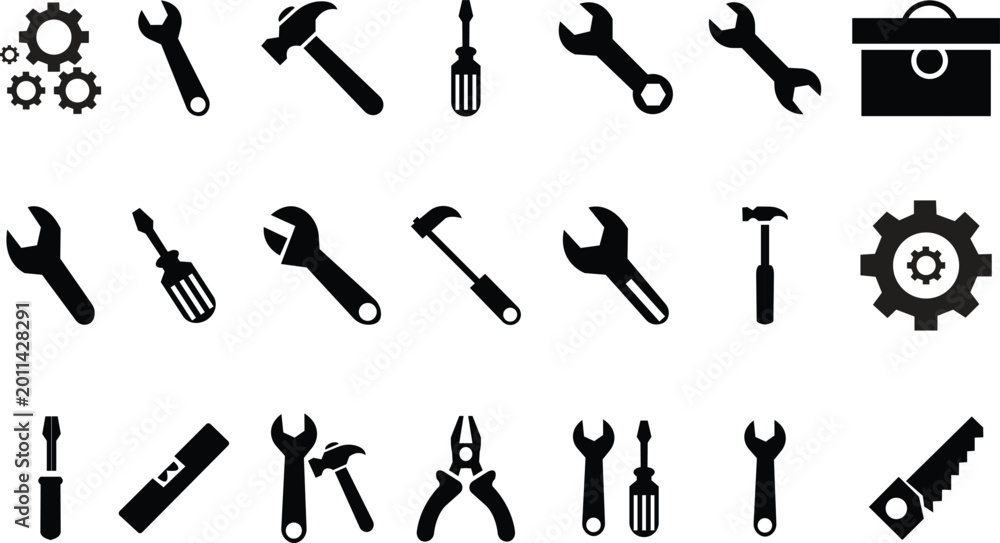 Obraz premium Tools and Construction Icon Set, collection, group of Hand Tools Wrench, Hammer, Screwdriver and Repair Symbols Solid and Outline Icons for Maintenance and Workshop UI Modern Vector Toolkit for Web, A
