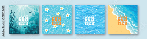 Photography A collection of four square summer-themed backgrounds featuring underwater scenes, tropical flowers on water, wavy sea patterns, and a sandy beach view