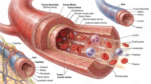 Detailed structure of artery and vein showing tunica intima, media and adventitia layers, elastic tissue and smooth muscle, with blood elements flowing through the lumen and adjacent capillary bed con