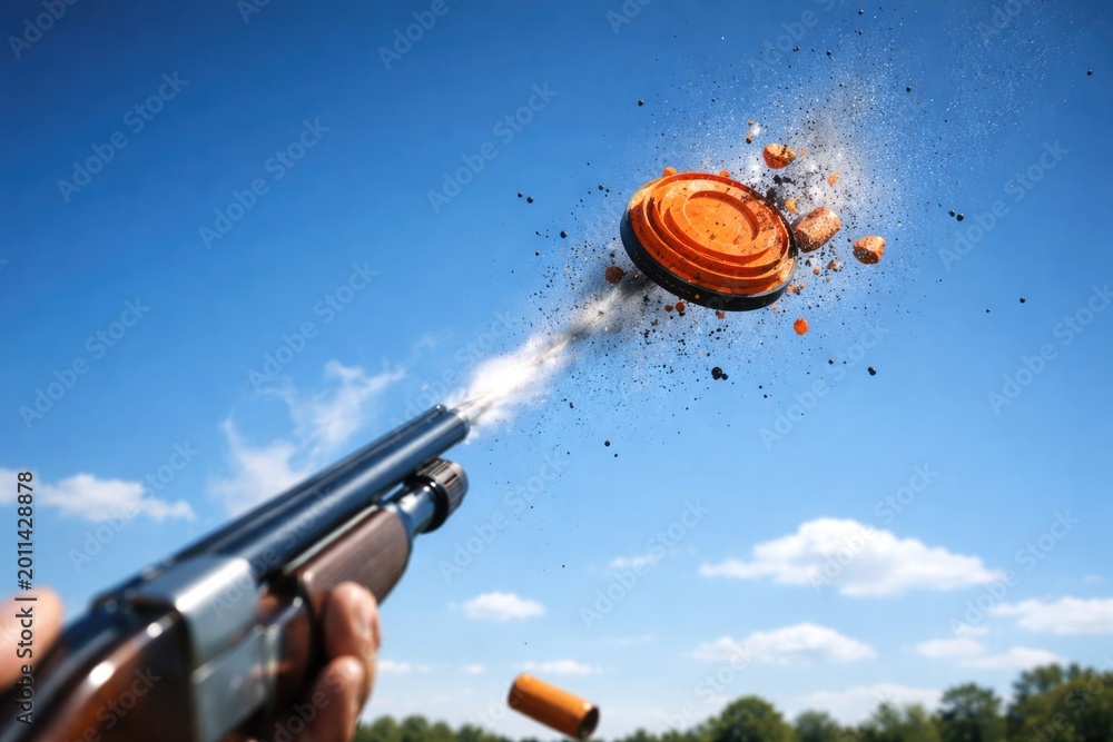 Fototapeta premium Shooting clay pigeon in midair under a sunny blue background