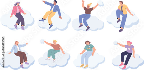 Vector illustration of cheerful cartoon people sitting on fluffy clouds representing playful imagination and whimsical design themes