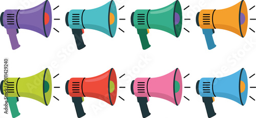 Fotografi Vector illustration of colorful megaphones representing communication, announcem
