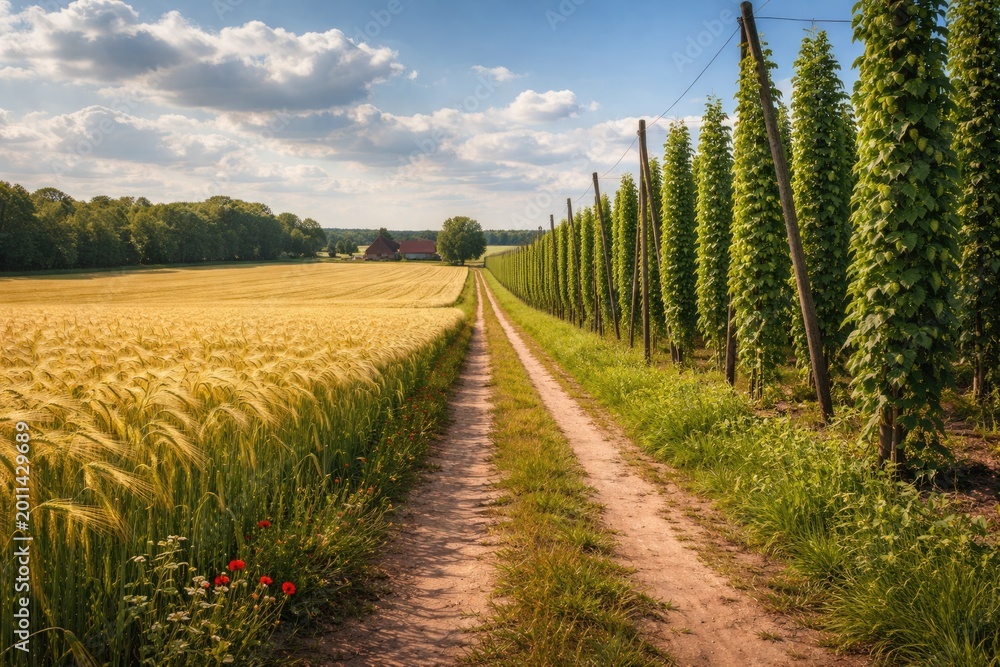 Fototapeta premium Summer farming landscape with dirt path separating barley and hop plantations