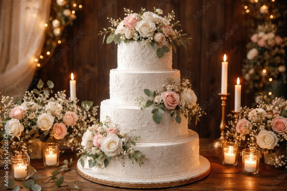 Fototapeta premium White wedding cake decorated by floral and leaf motifs set against a wooden backdrop