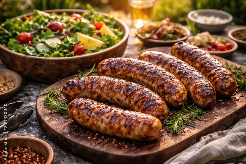Naklejka premium Tasty artisanal sausages grilled to perfection alongside fresh green salad in an open air feast