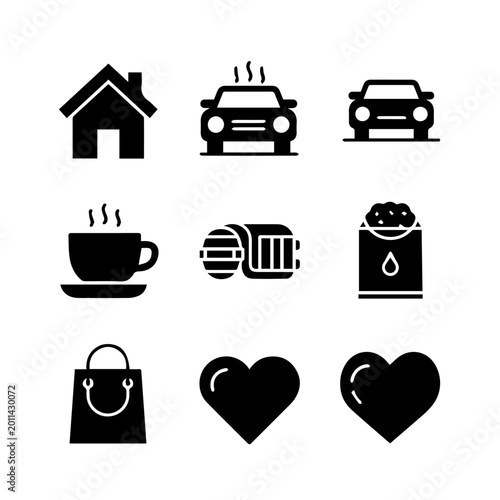 Various daily life icons on white background including house, cars, coffee