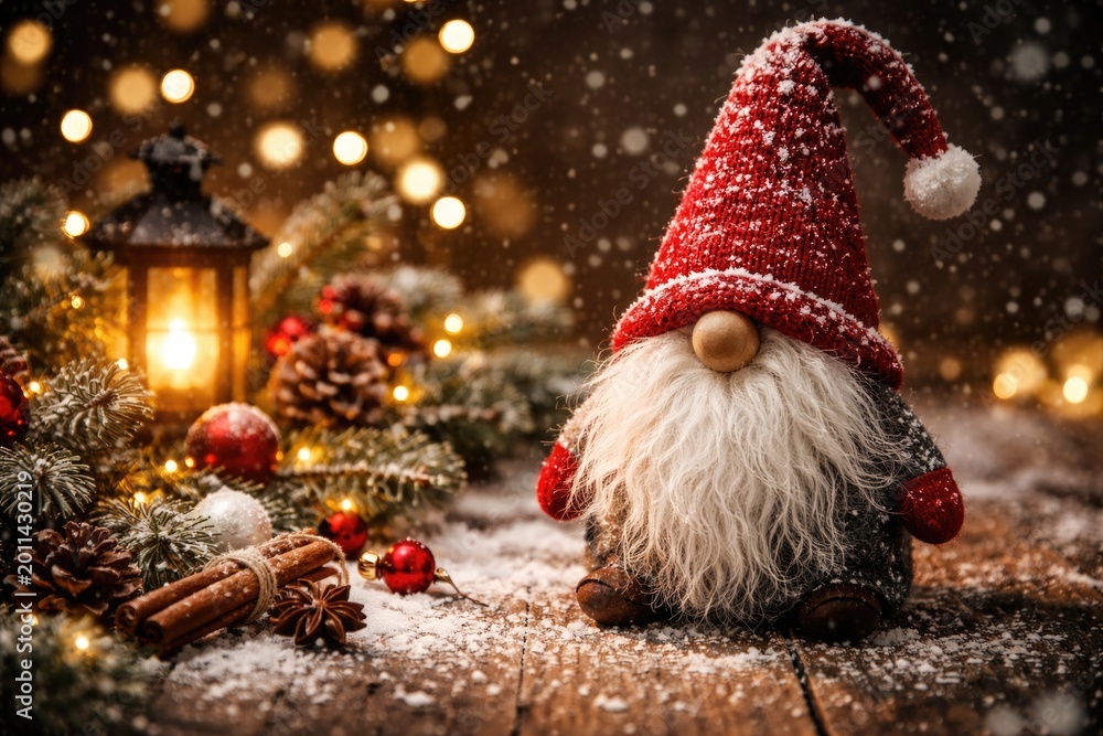 Fototapeta premium Scandinavian gnome in festive setting perfect for Christmas advent and copy space greeting card