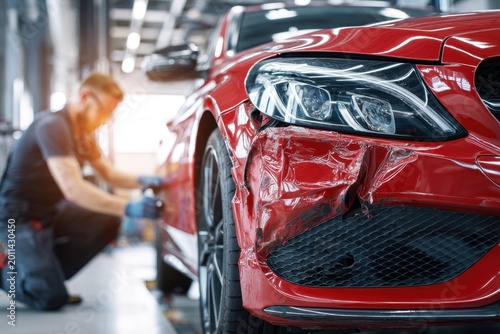 A red sports car with a damaged front fender being inspected and repaired by a mechanic in a modern auto repair shop with bright workshop lighting