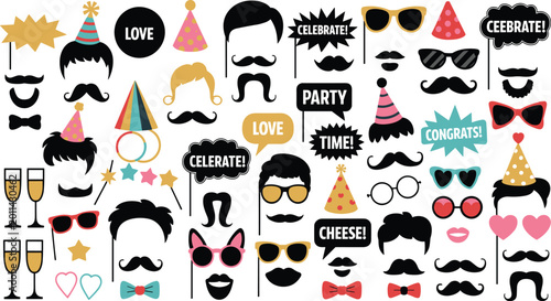 Vector illustration of party photo booth props with mustaches, glasses, hats, and speech bubbles representing celebration themes