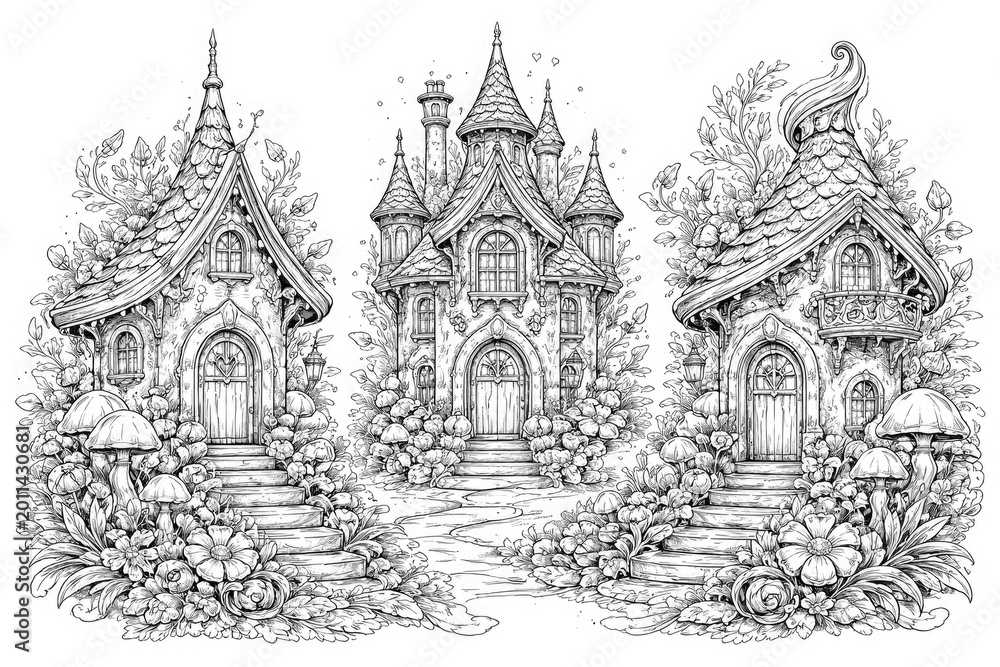 Obraz premium Vector style black and white fairy houses with ornamental accents for coloring