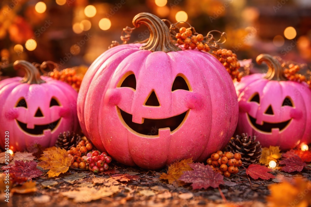 Fototapeta premium Vibrant pink pumpkins adorned with playful smiles for autumn celebration decor