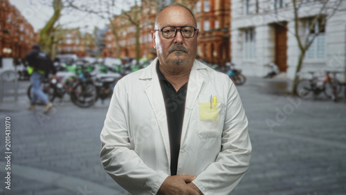 Man doctor in white coat with hands clasped, yellow pen in chest pocket, standing on urban street with bicycles and redbrick buildings; serious dignity.