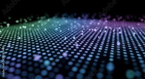 Abstract digital surface featuring glowing blue and purple light particles arranged in a grid pattern