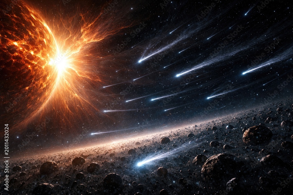 Fototapeta premium Solar flare casting light on comet trails from the Oort Cloud with Kuiper Belt in view