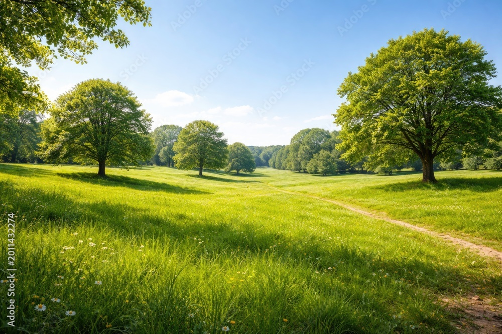 Naklejka premium Summer day backdrop with vivid green grass meadows and scattered trees under clear sky
