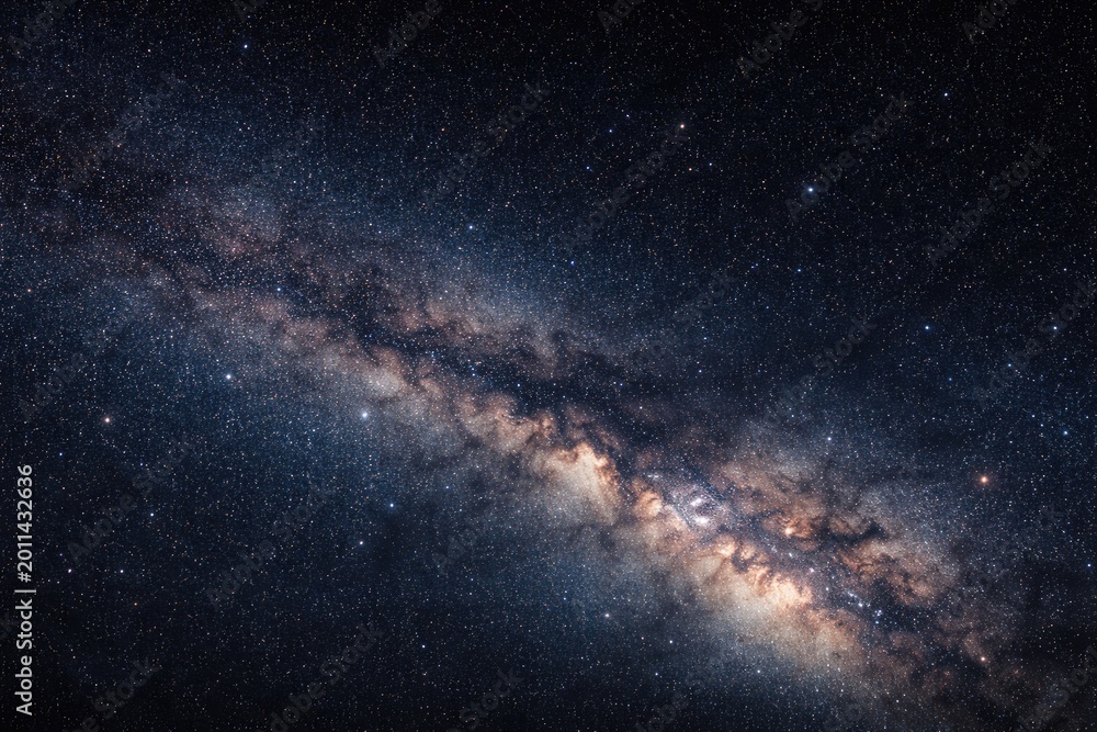 Fototapeta premium Star filled milky way night sky panorama with dark backdrop and visible grain