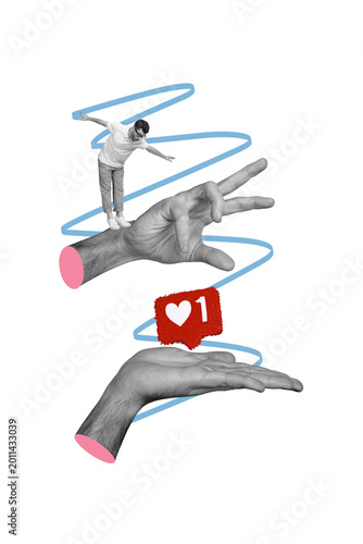 Canvas Print Vertical photo collage of astonished man stand tiptoe fall hands heart notificat