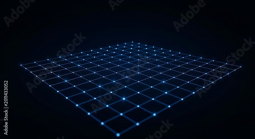 Glowing blue digital grid pattern floating in dark space representing a futuristic data network structure