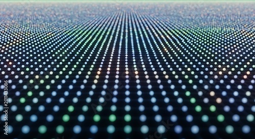 Glowing abstract digital grid of small spheres creating a soft wave pattern in dark space
