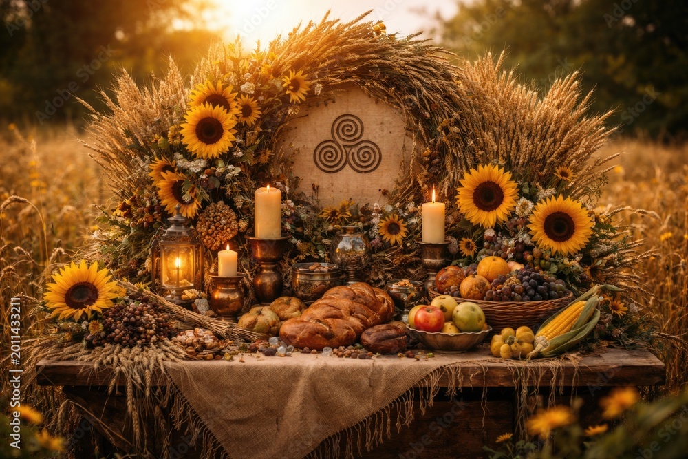 Fototapeta premium Sunflowers and wheat ears decorating a traditional Lughnasadh altar setup