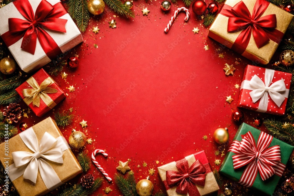Naklejka premium Red backdrop featuring festive gift boxes from above with ample text space for seasonal greetings