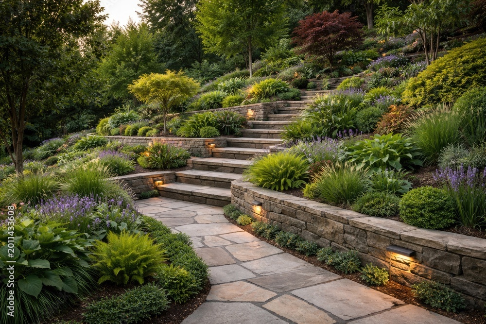 Obraz premium Outdoor landscaping showing sloping plot stone paving and raised beds with diverse greenery