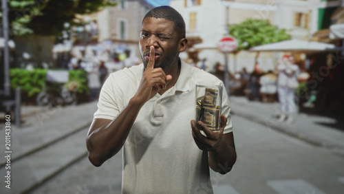 Foto Young man in white polo holding glass jar of dollars, finger to lips for silence in busy street market; secrecy