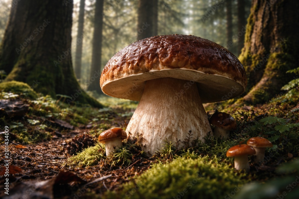 Fototapeta premium Porcini mushroom growth among towering trees in rich woodland setting