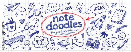Fotografía A collection of hand-drawn blue pen doodles featuring school and office supplies, creative icons, and speech bubbles on a grid paper background