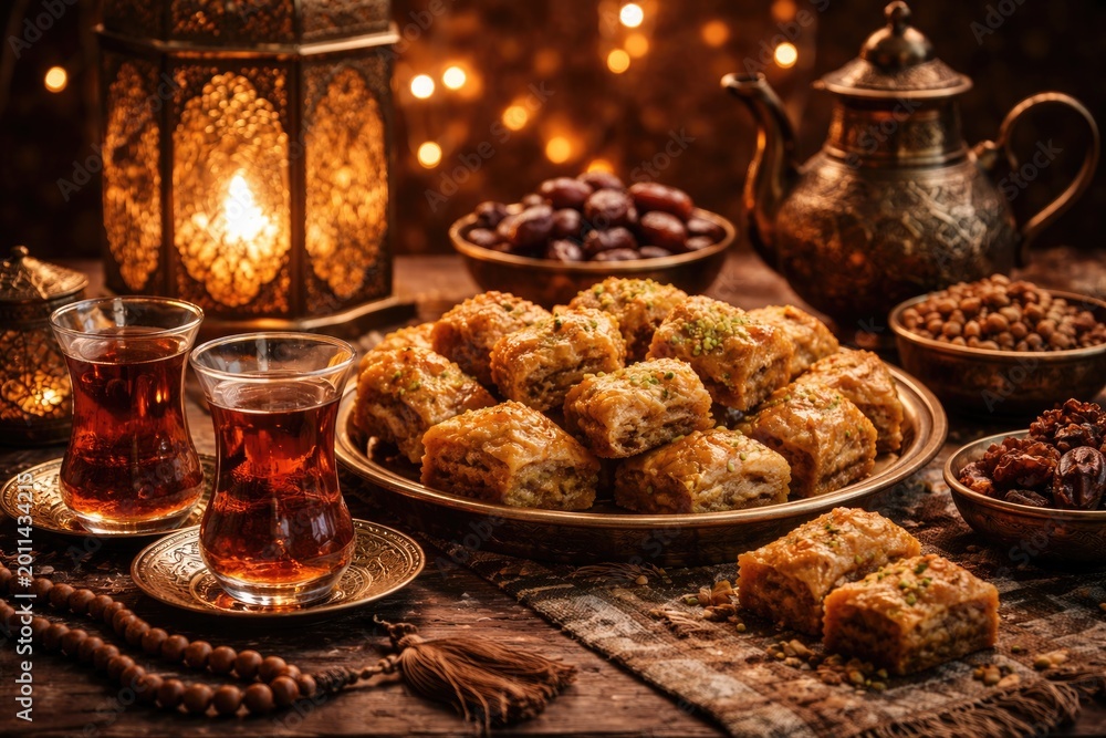 Fototapeta premium Rustic Ramadan and Eid themed still life including tea, baklava and vintage photographic tone
