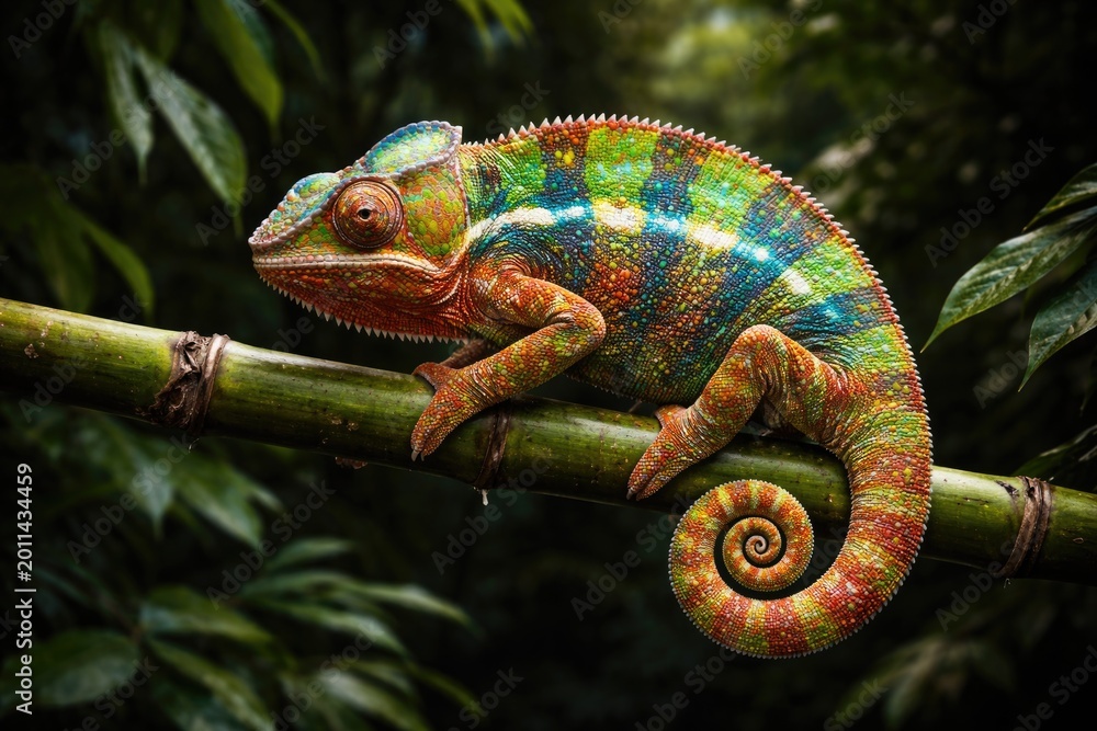 Fototapeta premium Vibrant chameleon on bamboo branch in front of dark background