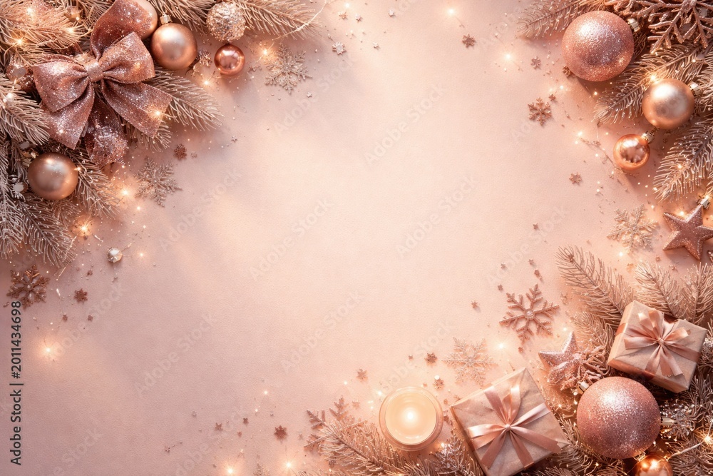 Fototapeta premium Overhead image of pink Christmas accents on a smooth pastel background glowing with warm light and shadow festive setting with copy space