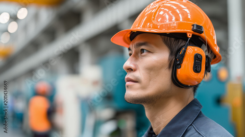 Industrial worker wearing orange hard hat and hearing protection in factory, occupational safety and manufacturing industry concept.