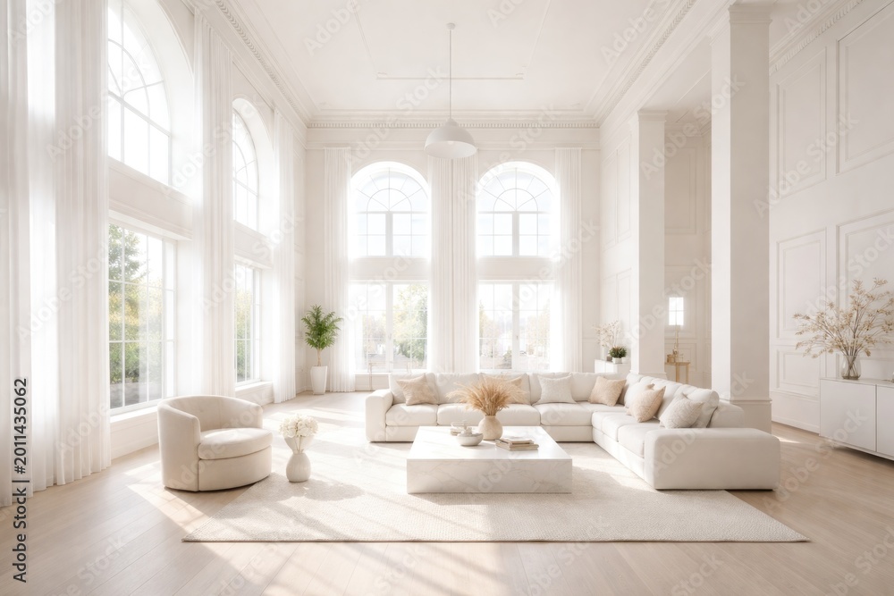 Naklejka premium sunlit expansive white room showcasing impressive ceiling height