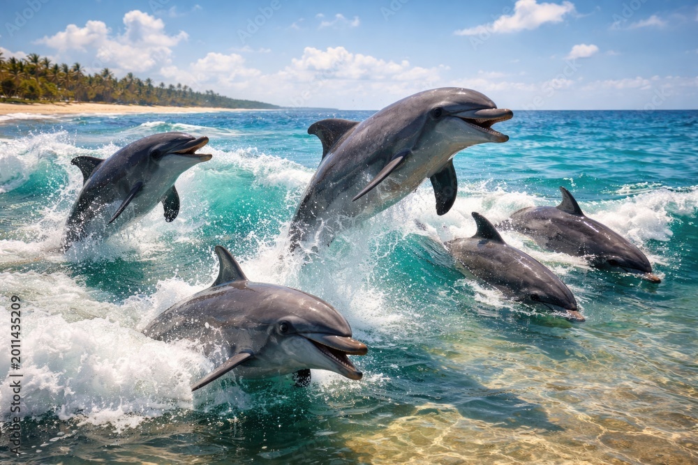 Obraz premium Content dolphins swimming playfully in gentle sea surf during summer