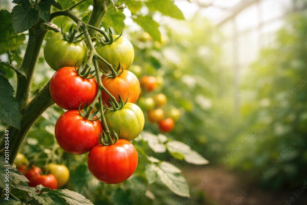 Fototapeta premium Tomatoes in various ripeness stages growing on a greenhouse branch with a gentle blur background and copy area