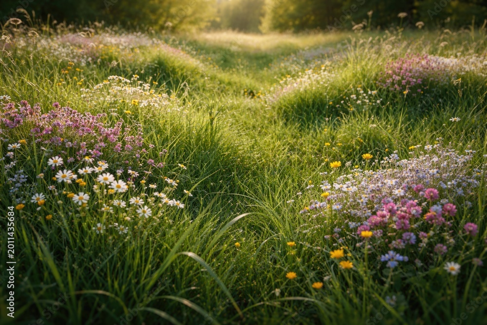 Obraz premium Thick natural grass landscape enriched by clusters of tiny blossoms