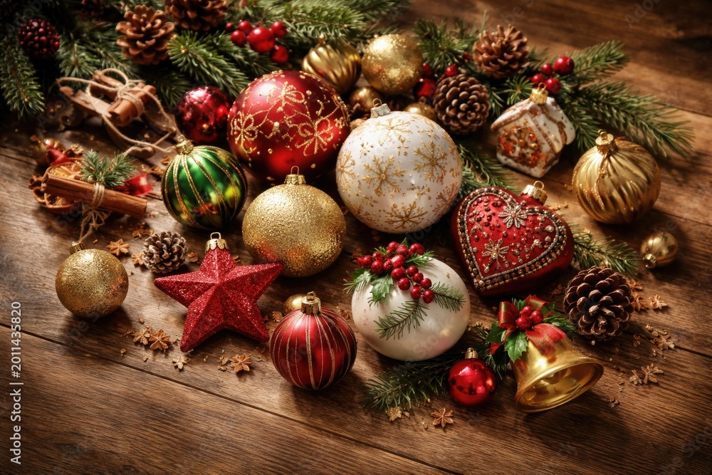 Naklejka premium Seasonal ornament collection placed on a natural wood plank surface with subtle shadows