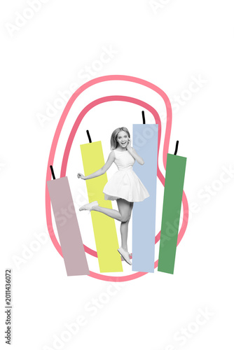 Canvas Print Vertical photo collage of happy blonde girl wear dress jump candle colorful wish