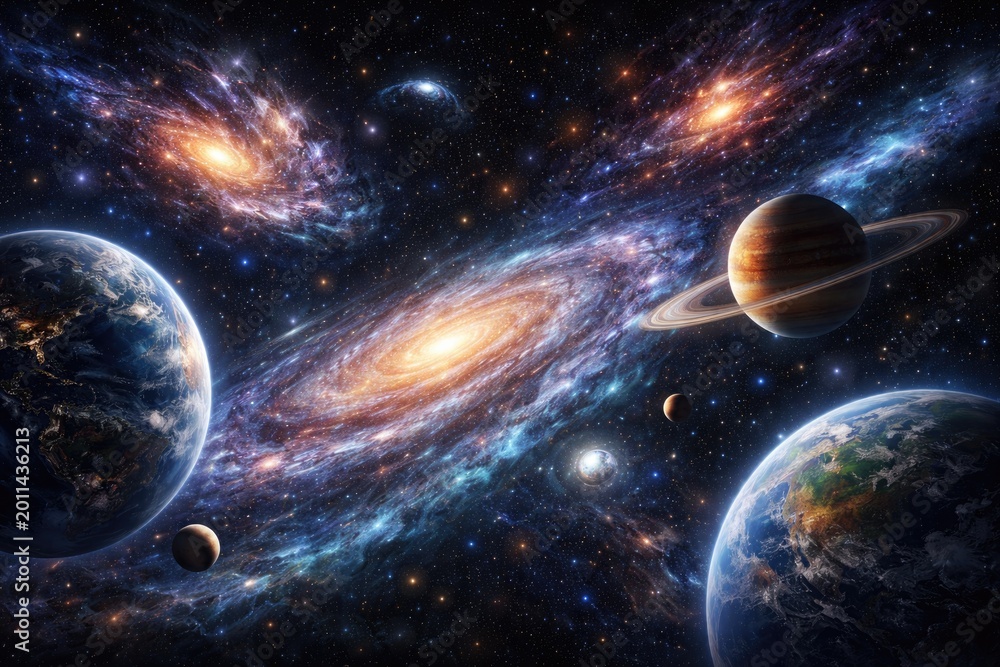 Fototapeta premium Outer space panorama with detailed stars planets and swirling galaxies great for banner backgrounds