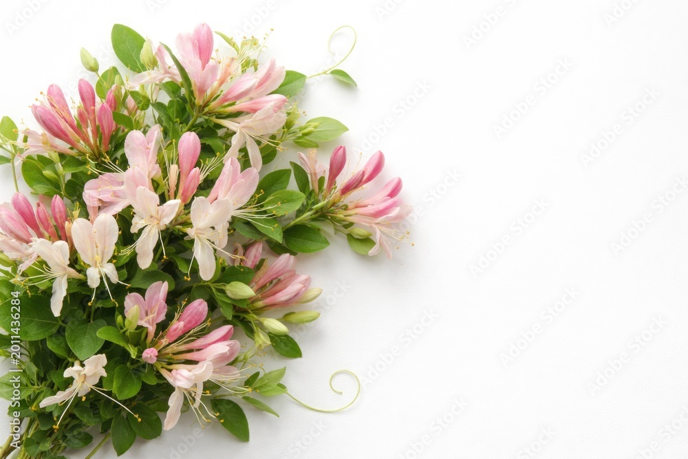 Obraz premium Fresh pink and green honeysuckle floral arrangement on a clean white backdrop with copy space