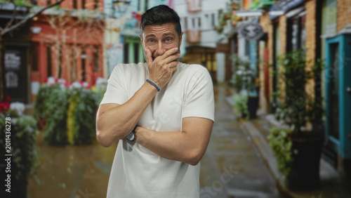 Photos Man with hand covering mouth and crossed arms wearing white shirt standing in narrow street alley with potted plants and brick building facades; embarrassment