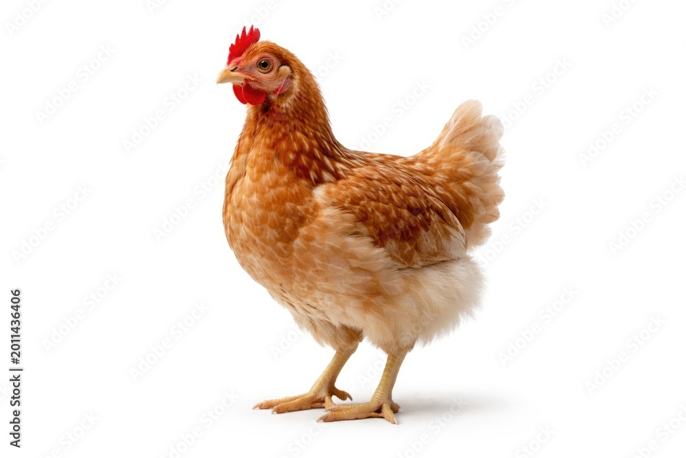 Fototapeta premium Young hen of Caucasian origin displayed solo against a white backdrop