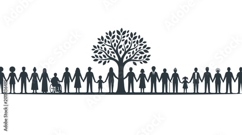 Quadro su tela Diverse group of people holding hands around a tree.