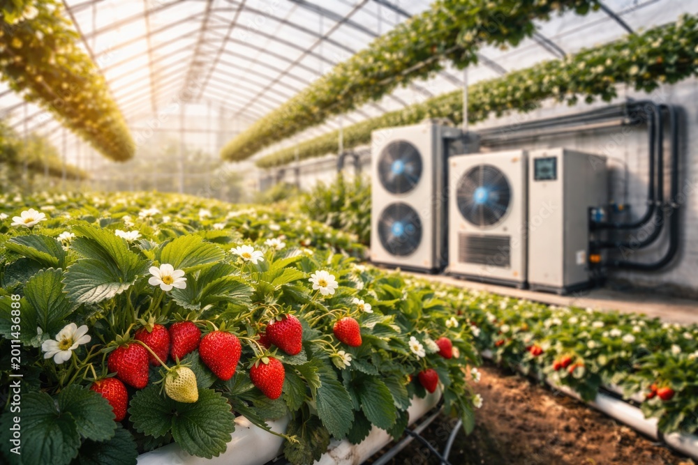 Naklejka premium Strawberry plants growing in greenhouse using heat pump technology with copy space