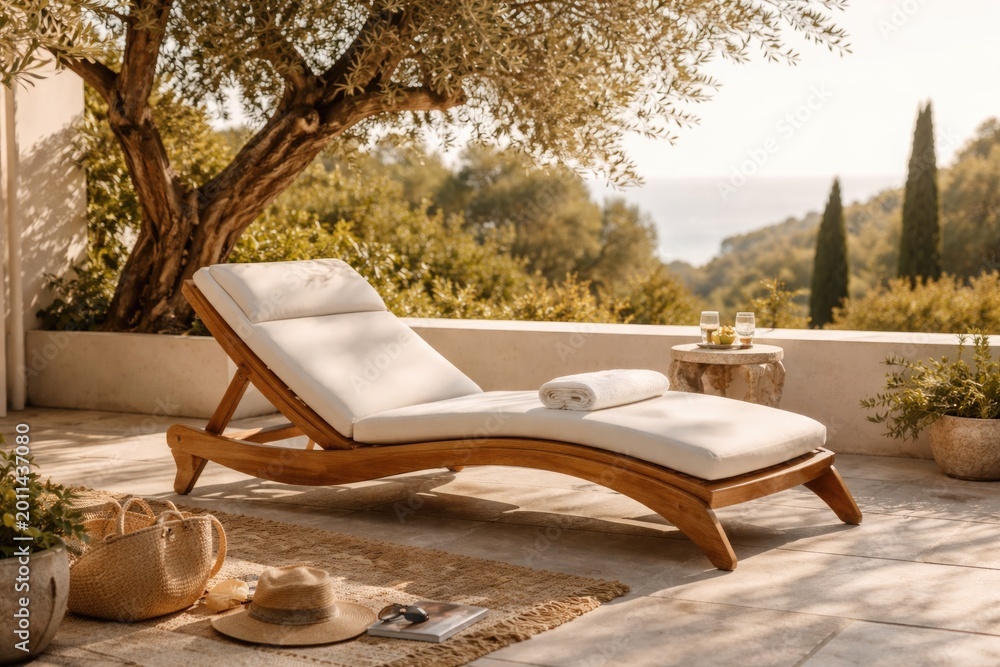 Fototapeta premium Wood sun lounger featuring elegant curves stationed on a bright terrace next to an olive tree